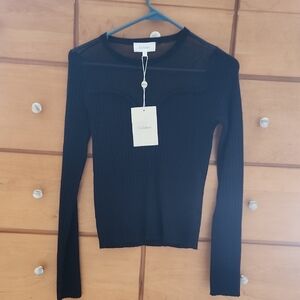 La Femme Black Ribbed Long Sleeve Top